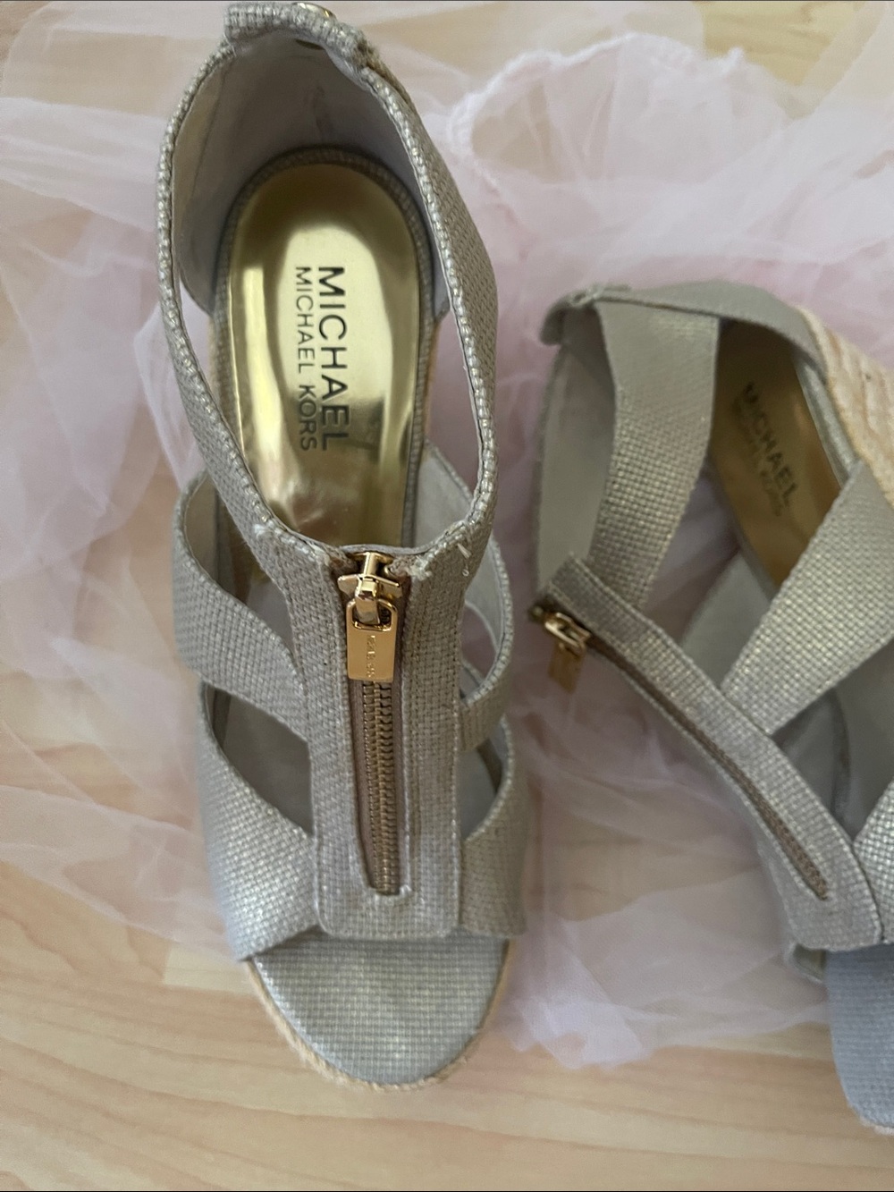 Michael Kors Champagne Gold Textured Espadrille Wedges - Picture 3 of 5